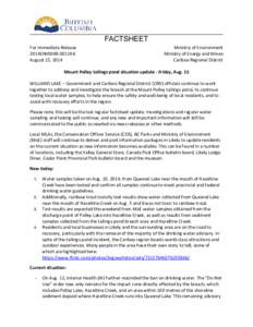 FACTSHEET For Immediate Release 2014ENV0069[removed]August 15, 2014  Ministry of Environment