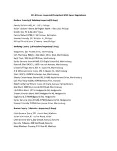 2014 Stores Inspected/Compliant With Synar Regulations Barbour County (6 Retailers Inspected/0 Buys) Family Dollar #1993, Rt. 250 S, Philippi Ralph’s Country Store, Bellington Rd/Rt. 4 Box 202, Philippi Good 2 Go, Rt. 