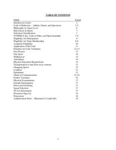 TABLE OF CONTENTS ITEM Introductory Letter Code of Behaviors – Athlete, Parent, and Spectators Philosophy by Sport Level Risk Factor in Sports