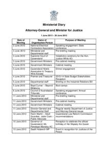 Ministerial Diary Attorney-General and Minister for Justice 1 June 2013 – 30 June 2013 Date of Meeting