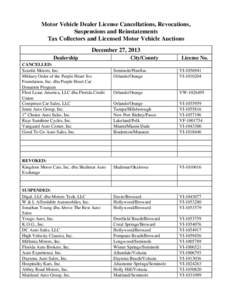 Motor Vehicle Dealer License Cancellations, Revocations, Suspensions and Reinstatements Tax Collectors and Licensed Motor Vehicle Auctions December 27, 2013 Dealership CANCELLED: