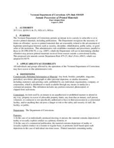 Vermont Department of Corrections APA Rule #[removed]Inmate Possession of Printed Materials Final Adopted Rule August 4, 2010