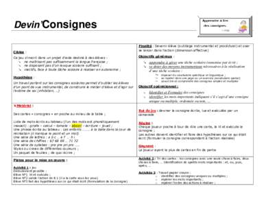 Devin’Consignes Finalité : Devenir élève (outillage instrumental et procédural) et oser se lancer dans l’action (dimension affective) Cibles : Ce jeu s’inscrit dans un projet d’aide destiné à des élèves :