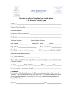 Service Academy Nomination Application – Office of Senator Pryor