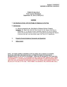 Posted: [removed]REVISED & POSTED: [removed]TOWN OF MILLVILLE Town Council Workshop September 25, [removed]:00 p.m.)