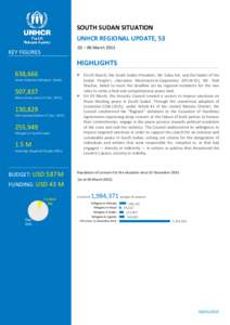 SOUTH SUDAN SITUATION UNHCR REGIONAL UPDATE, 53 02 – 06 March 2015 KEY FIGURES