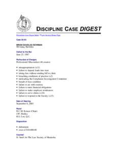 Discipline Case Digest Index  Law Society Home Page Case[removed]BRIAN DOUGLAS BOWMAN