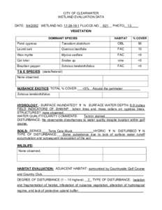 CITY OF CLEARWATER WETLAND EVALUATION DATA DATE: [removed]WETLAND NO[removed]FLUCCS.NO.__621__ PHOTO: 13____ VEGETATION DOMINANT SPECIES