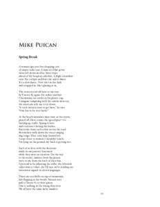 Mike Puican Spring Break A woman tips over her shopping cart of empty soda cans. A man in a blue gown turns left down an alley, three steps ahead of the hospital orderlies. A flight attendant