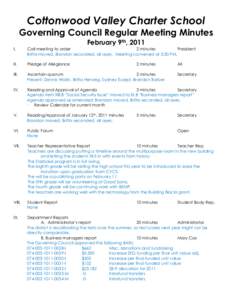 Cottonwood Valley Charter School Governing Council Regular Meeting Minutes February 9th, 2011 I.  Call meeting to order