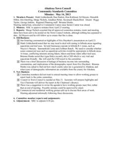 Altadena Town Council Community Standards Committee Minutes: May 14, [removed]Members Present: Mark Goldschmidt, Dan Harlow, Don Kirkland, Ed Meyers, Meredith Miller, Jim Osterling, Marge Nichols, Jonathan Potter, Tecumse