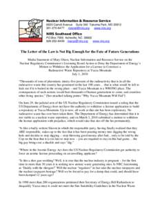 Nuclear Information & Resource Service 6930 Carroll Avenue Suite 340 Takoma Park, MD6477  www.nirs.org  NIRS Southeast Office
