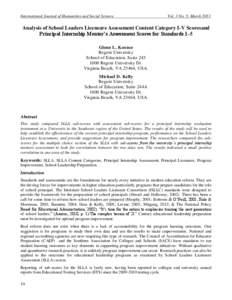 International Journal of Humanities and Social Science  Vol. 3 No. 5; March 2013 Analysis of School Leaders Licensure Assessment Content Category I-V Scoresand Principal Internship Mentor’s Assessment Scores for Standa