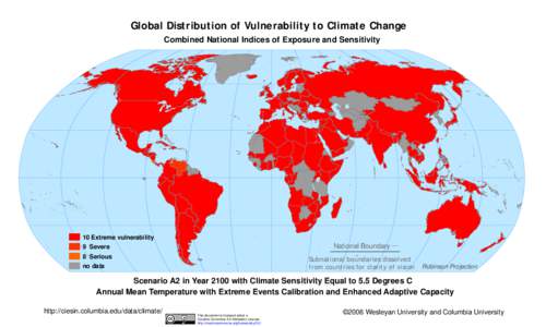 Global Distribution of Vulnerability to Climate Change Combined National Indices of Exposure and Sensitivity 10 Extreme vulnerability  National Boundary