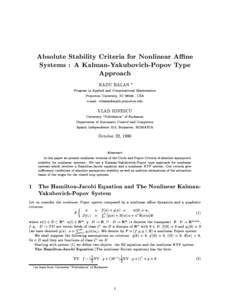Absolute Stability Criteria for Nonlinear Ane Systems : A Kalman-Yakubovich-Popov Type Approach RADU BALAN   Program in Applied and Computational Mathematics