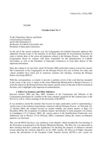 Vatican City, 12 July[removed]Circular Letter No. 3  To the Chancellors, Rectors and Deans