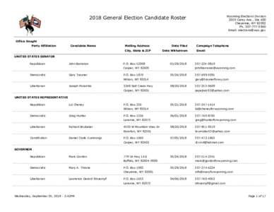2018 General Election Candidate Roster  Wyoming Elections Division 2020 Carey Ave., Ste 600 Cheyenne, WYPh