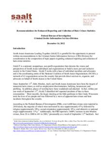    Recommendations for Enhanced Reporting and Collection of Hate Crimes Statistics Federal Bureau of Investigation Criminal Justice Information Services Division December 14, 2012