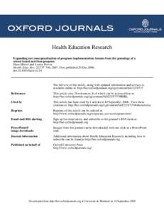 Health Education Research Expanding our conceptualization of program implementation: lessons from the genealogy of a school-based nutrition program Sherri Bisset and Louise Potvin Health Educ. Res. 22:[removed], 2007. Firs