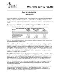 One-time survey results Baby products injury February 2010 Designed in partnership with the Public Health Agency of Canada, the Consumer Product Safety Bureau (CPSB) at Health Canada (HC) and the Canadian Paediatric Soci