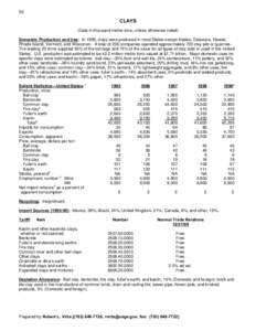 50  CLAYS (Data in thousand metric tons, unless otherwise noted) Domestic Production and Use: In 1999, clays were produced in most States except Alaska, Delaware, Hawaii, Rhode Island, Vermont, and Wisconsin. A total of 