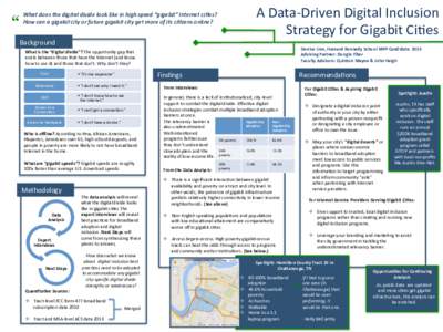 “  A	
  Data-­‐Driven	
  Digital	
  Inclusion	
   Strategy	
  for	
  Gigabit	
  Ci9es	
    What	
  does	
  the	
  digital	
  divide	
  look	
  like	
  in	
  high	
  speed	
  “gigabit”	
  Inter