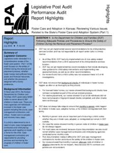 Highlights  Legislative Post Audit Performance Audit Report Highlights