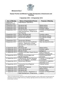 Ministerial Diary1 Deputy Premier and Minister for State Development, Infrastructure and Planning 1 September 2013 – 30 September 2013 Date of Meeting 1September – 7