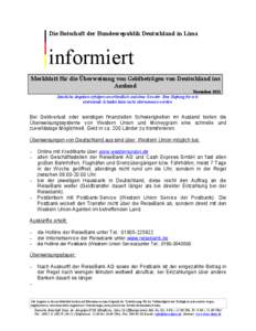 Die Botschaft der Bundesrepublik Deutschland in Lima  informiert Merkblatt für die Überweisung von Geldbeträgen von Deutschland ins Ausland November 2011