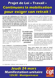 Projet de Loi « Travail »  Continuons la mobilisation pour exiger son retrait ! Le succès des mobilisations du 9 mars à l’appel des organisations de jeunesse, la CGT, FO,la