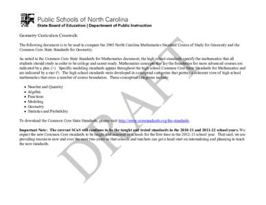 Geometry Curriculum Crosswalk The following document is to be used to compare the 2003 North Carolina Mathematics Standard Course of Study for Geometry and the Common Core State Standards for Geometry. As noted in the Co