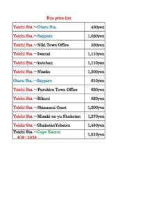 Bus price list Yoichi Sta.～Otaru Sta. Yoichi Sta.～Sapporo Yoichi Sta.～Niki Town Office  430yen