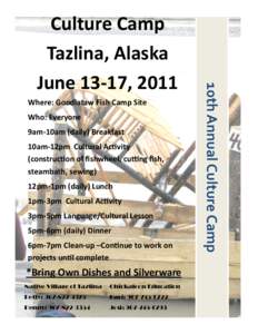 Where: Goodlataw Fish Camp Site Who: Everyone 9am-10am (daily) Breakfast 10am-12pm Cultural Activity (construction of fishwheel, cutting fish, steambath, sewing)