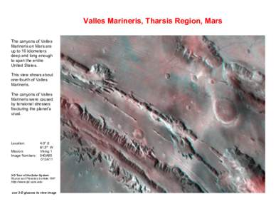 Valles Marineris, Tharsis Region, Mars The canyons of Valles Marineris on Mars are up to 10 kilometers deep and long enough to span the entire