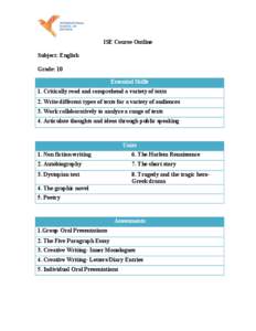 ISE Course Outline Subject: English Grade: 10 Essential Skills 1. Critically read and comprehend a variety of texts 2. Write different types of texts for a variety of audiences