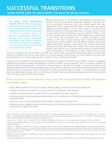 SUCCESSFUL TRANSITIONS FROM FOSTER CARE TO ADULTHOOD: THE ROLE OF SOCIAL CAPITAL Social capital consists of the network of relationships we have with key people in our lives (family, friends, classmates, neighbors, co-wo