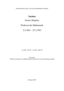 Niedersächsische Staats- und Universitätsbibliothek Göttingen  Nachlass Gustav Herglotz Professor der Mathematik