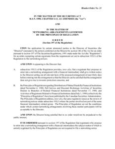 Blanket Order No. 21 IN THE MATTER OF THE SECURITIES ACT R.S.N. 1990, CHAPTER S-13, AS AMENDED (the 