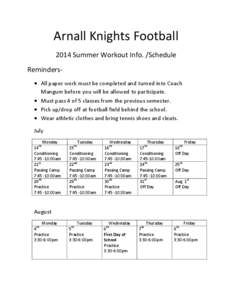 Arnall Knights Football 2014 Summer Workout Info. /Schedule Reminders All paper work must be completed and turned into Coach Mangum before you will be allowed to participate.  Must pass 4 of 5 classes from the prev