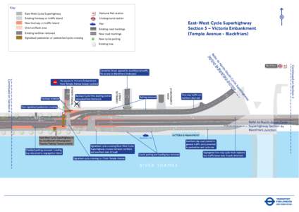Key: East-West Cycle Superhighway National Rail station  Existing footway or trafﬁc island
