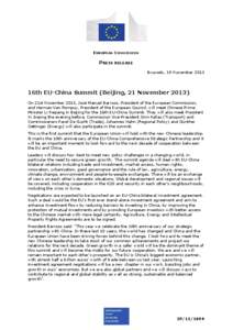 EUROPEAN COMMISSION  PRESS RELEASE Brussels, 19 November[removed]16th EU-China Summit (Beijing, 21 November 2013)