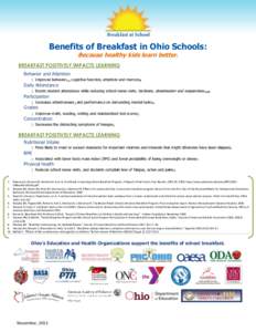 Benefits of Breakfast in Ohio Schools: Because healthy kids learn better. BREAKFAST POSITIVELY IMPACTS LEARNING Behavior and Attention  Improves behavior₁₂, cognitive function, attention and memory₉