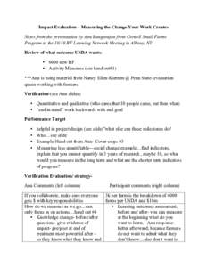 Impact Evaluation – Measuring the Change Your Work Creates Notes from the presentation by Anu Rangarajan from Cornell Small Farms Program at the[removed]BF Learning Network Meeting in Albany, NY Review of what outcome US