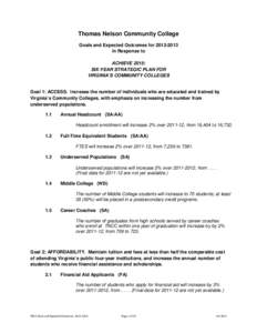 Thomas Nelson Community College Goals and Expected Outcomes forIn Response to ACHIEVE 2015: SIX-YEAR STRATEGIC PLAN FOR VIRGINIA’S COMMUNITY COLLEGES