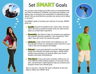 Set SMART Goals Do you have a list of items you’d like to buy or accomplishments you’d like to experience? Whether your goal is purchasing a car, taking a trip, or saving for the unexpected, it’s important to plan 