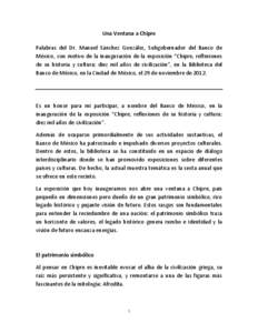 Una Ventana a Chipre Palabras del Dr. Manuel Sánchez González, Subgobernador del Banco de México, con motivo de la inauguración de la exposición “Chipre, reflexiones