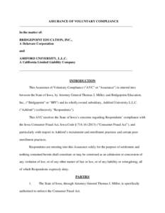 ASSURANCE OF VOLUNTARY COMPLIANCE ______________________________________________________________________ In the matter of: BRIDGEPOINT EDUCATION, INC., A Delaware Corporation and