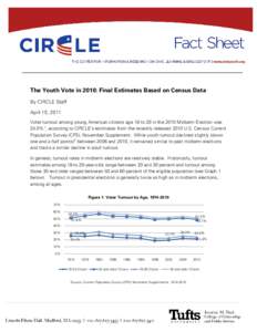 The Youth Vote in 2010: Final Estimates Based on Census Data By CIRCLE Staff April 15, 2011 Voter turnout among young American citizens age 18 to 29 in the 2010 Midterm Election was 24.0% 1, according to CIRCLE’s estim