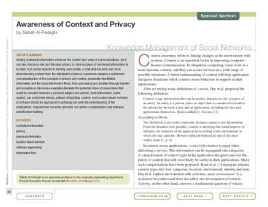 Special Section  Awareness of Context and Privacy Bulletin of the American Society for Information Science and Technology – December/January 2012 – Volume 38, Number 2  by Sabah Al-Fedaghi
