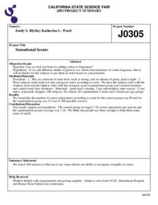 CALIFORNIA STATE SCIENCE FAIR 2003 PROJECT SUMMARY Name(s)  Emily S. Blythe; Katherine L. Ward